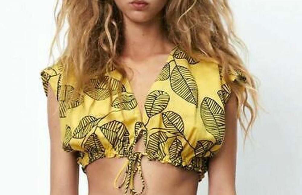 Zara Yellow and Black Leaf Print Crop Top Size XS